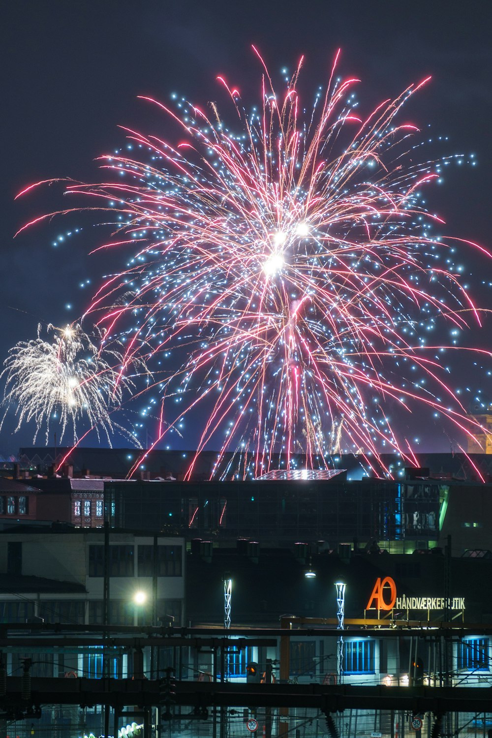 fireworks display over the bridge during night time