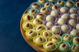 brown round cake on blue plate