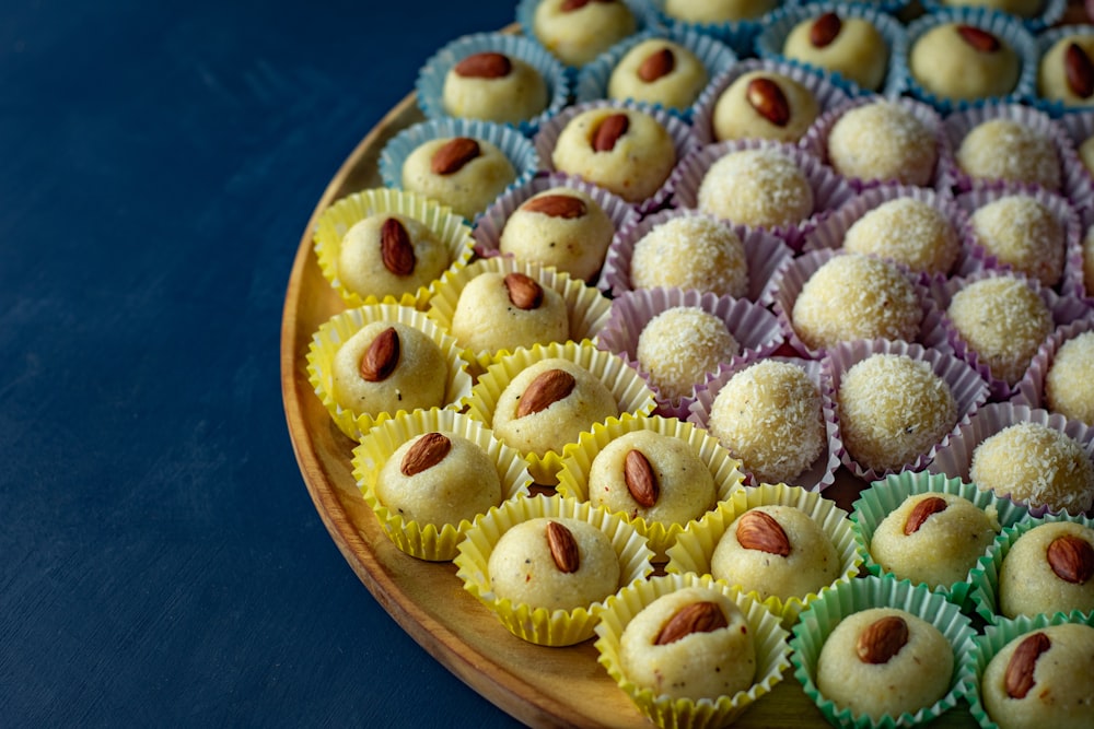 brown round cake on blue plate