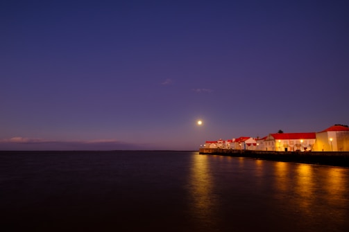 A serene night scene featuring a line of houses with red roofs by the water. The moon is prominently visible in the sky, casting a gentle reflection on the water, while warm lights from the houses illuminate the waterfront.