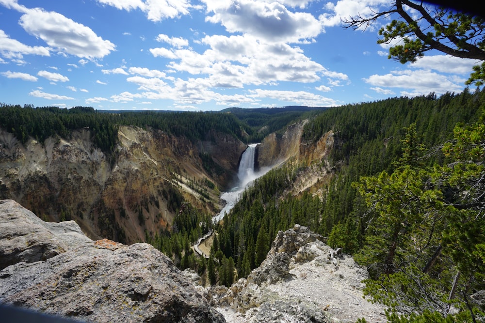 waterfalls in the middle of green trees under blue sky and white clouds during daytime