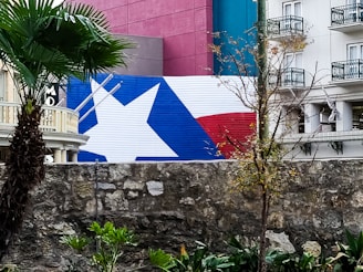 A large mural depicting the Texas flag is painted on the side of a building. The foreground features a stone wall, palm trees, and various other greenery. There are buildings with balconies visible, displaying ornate railings and some bare trees.