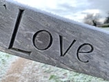 The word 'Love' is carved into a wooden surface, which is covered with a light layer of frost. The background features a blurred, frosty landscape with fields and leafless trees under a cloudy sky.
