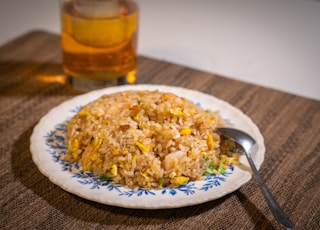 white ceramic plate with rice and stainless steel fork