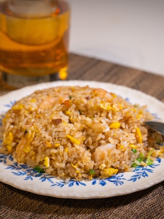 white ceramic plate with rice and stainless steel fork