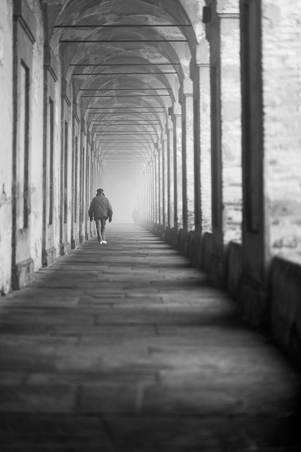 grayscale photo of person walking on pathway