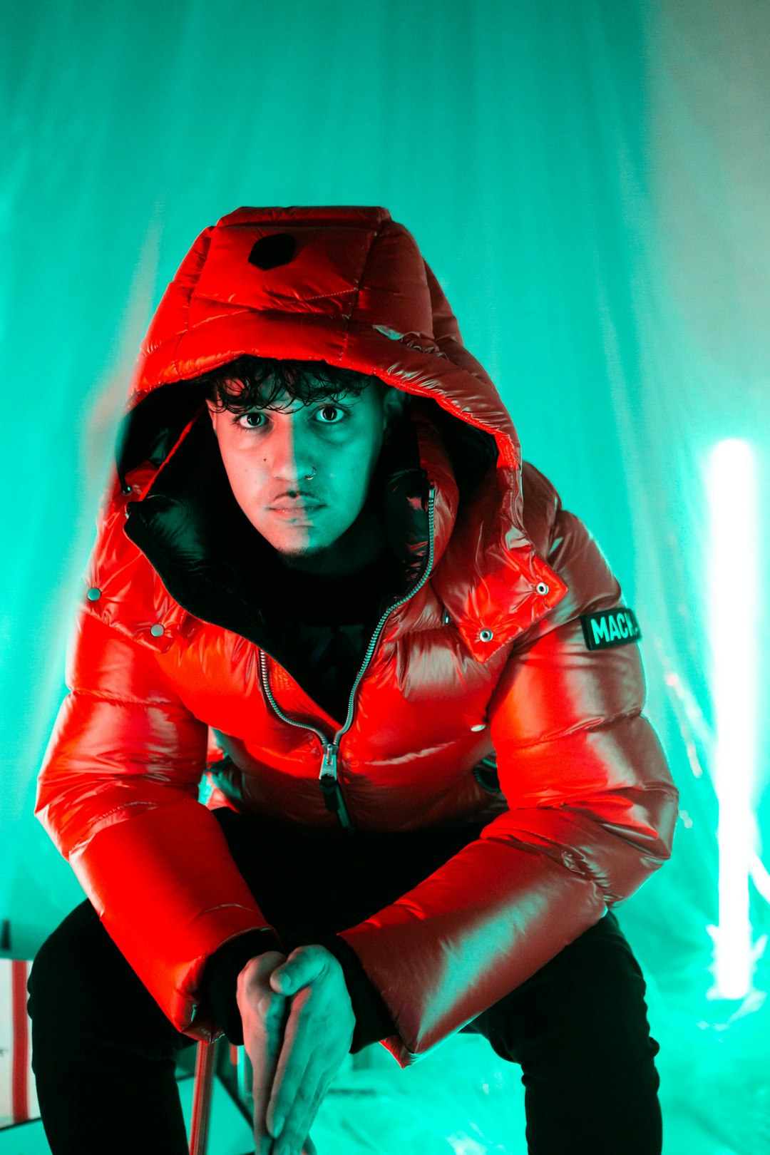 woman in red leather jacket