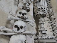 Skulls and bones are intricately stacked and arranged, forming a part of an ornate interior decoration. The arrangement creates a macabre yet visually captivating structure reminiscent of an ossuary. The background features a stone wall, enhancing the eerie atmosphere.