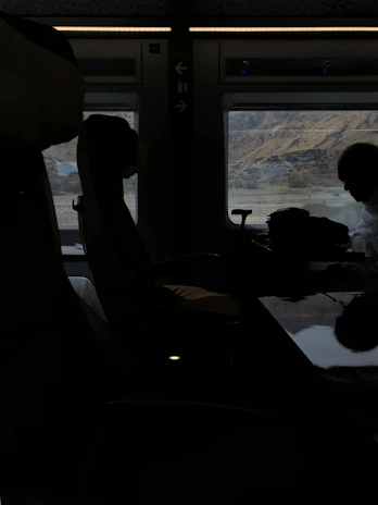 A close-up of a nubevia travel pillow wrapped around a neck during a scenic train ride.