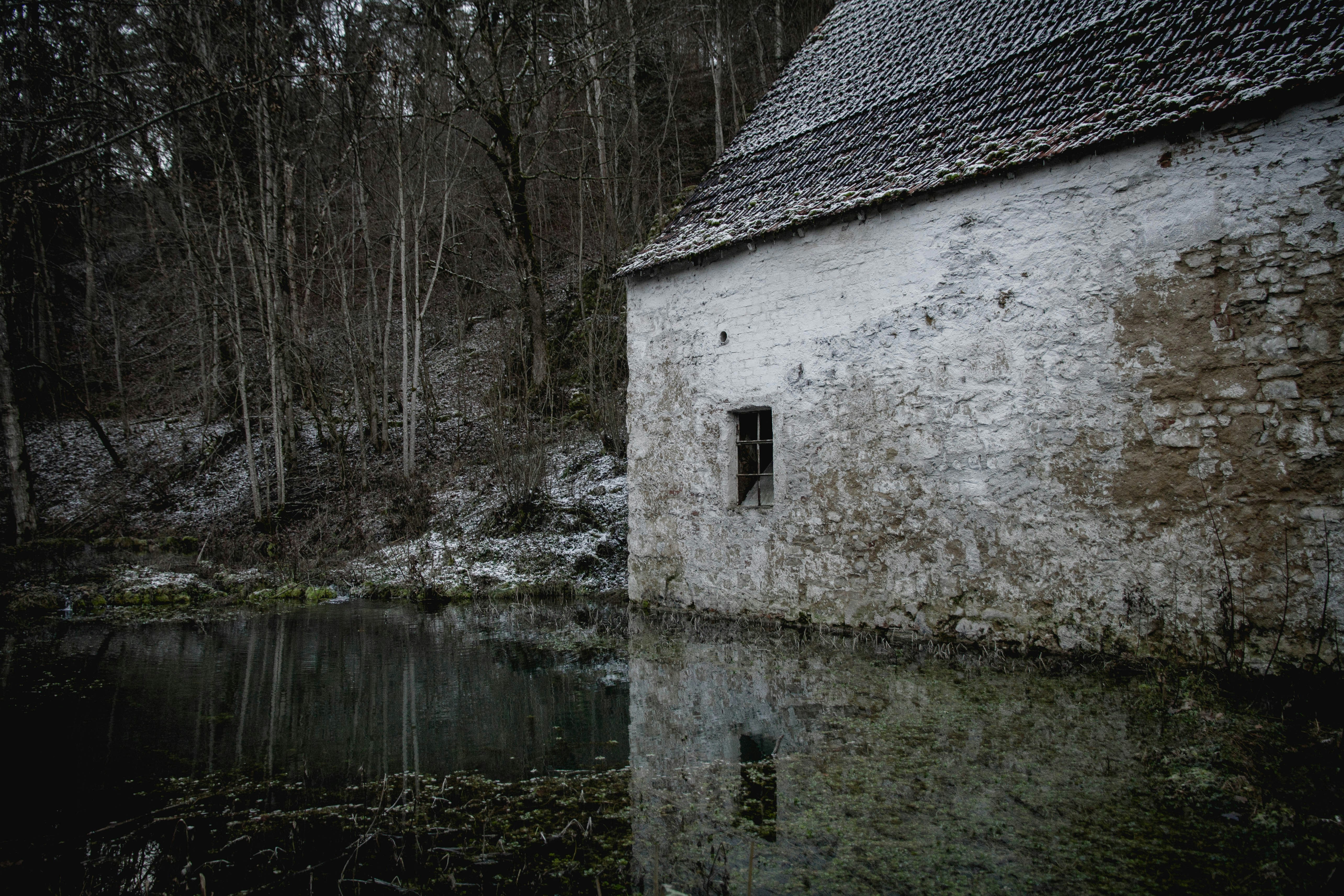 white concrete house near river