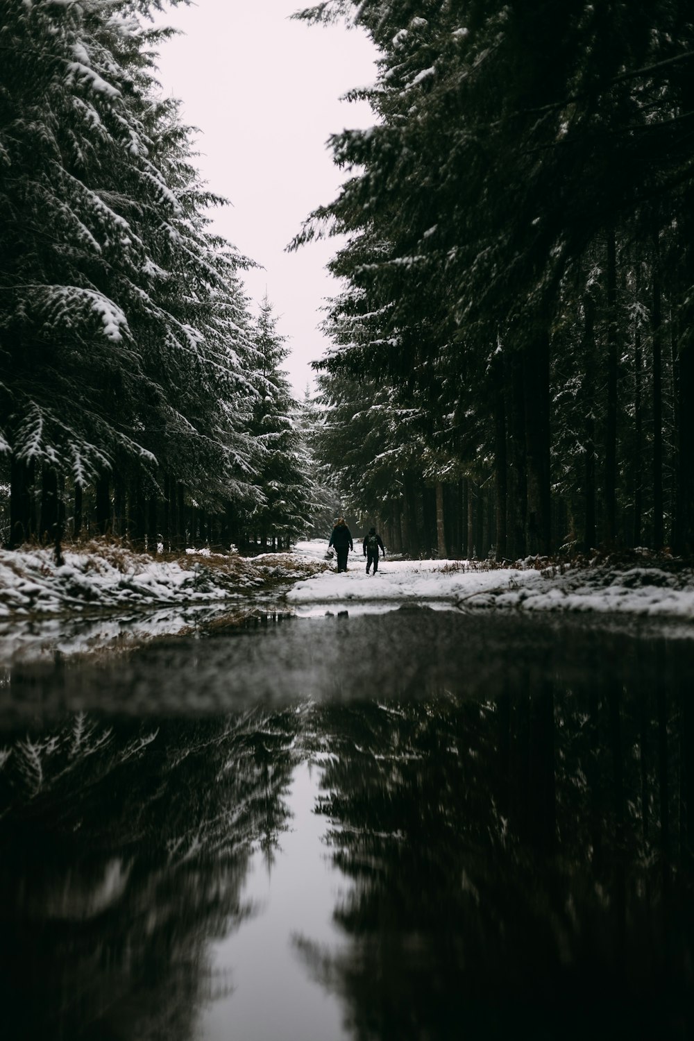 person in black jacket walking on snow covered ground near river during daytime