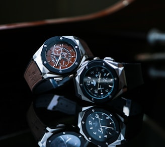 silver and black chronograph watch
