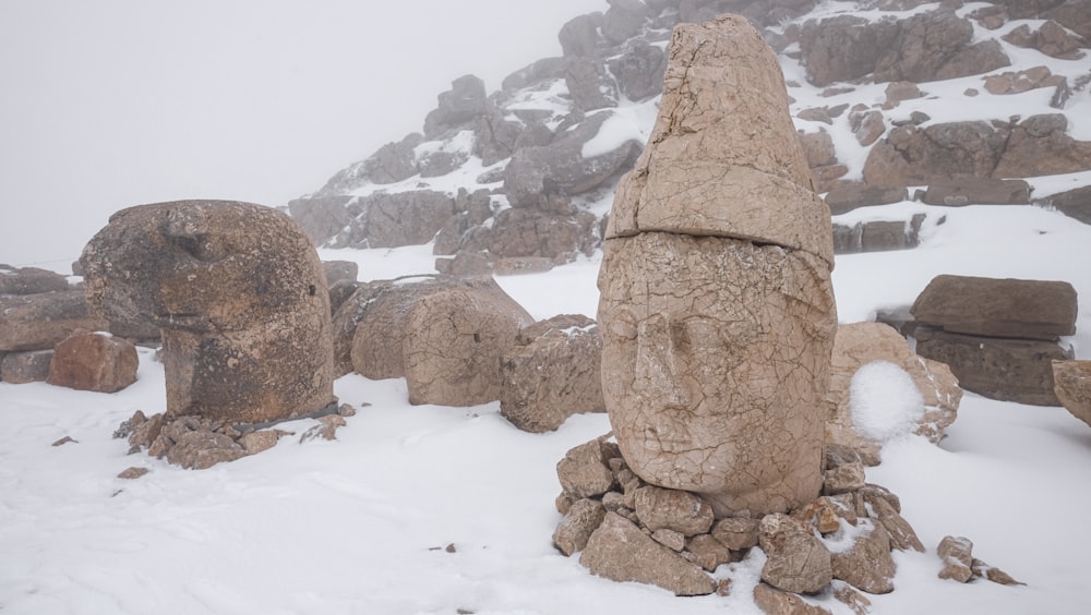 brown rock formation on snow covered ground during daytime