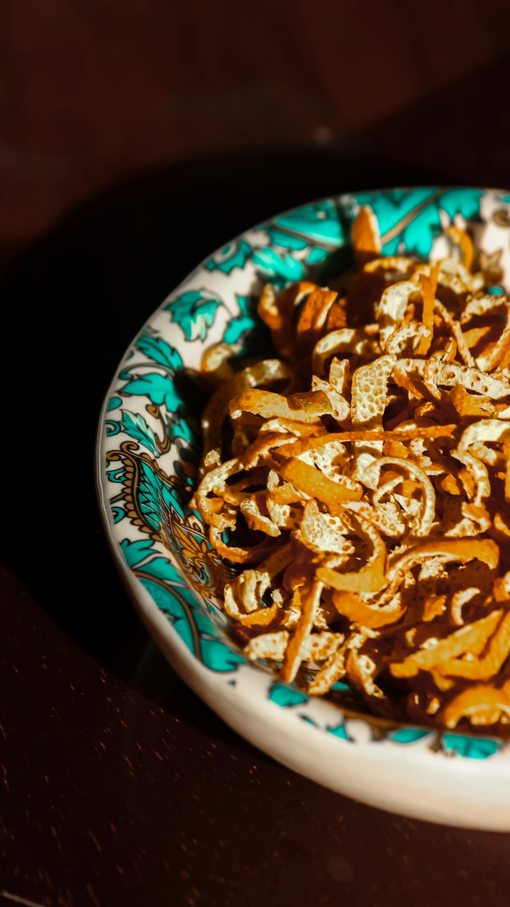 brown and white food on white and blue ceramic plate