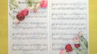 A sheet of piano music titled 'Longing for the past' composed by Nicoline van Goor. The sheet music is adorned with vibrant images of pink, red, and white flowers, which are positioned across the top and bottom of the page. The notation is clear and neatly arranged, indicating a piece composed on January 30, 2019.