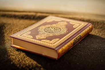 A beautifully crafted book with ornate gold designs on a rich brown cover, placed on a textured surface. The light casts a warm glow, highlighting the intricate patterns.