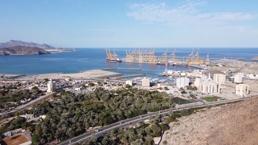 aerial view of city buildings near sea during daytime