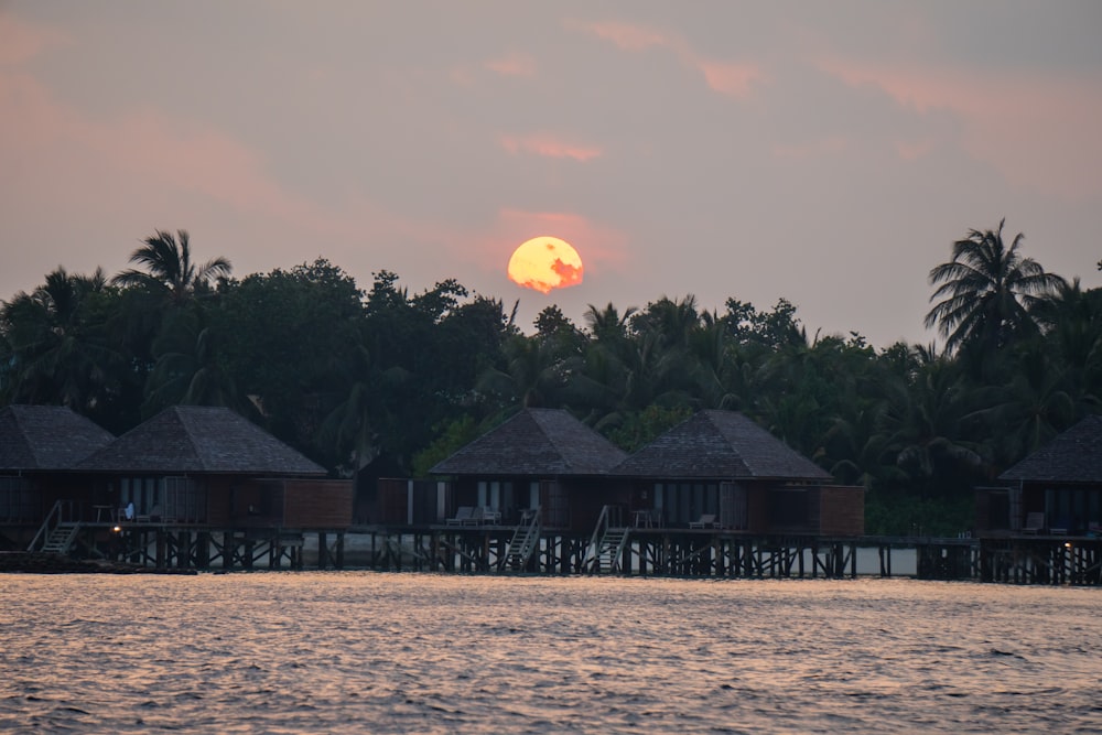 brown wooden house on body of water during sunset