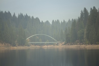 A serene landscape with a bridge connecting a lush forest to a tranquil lake, symbolizing the connection between the sacred and everyday life.