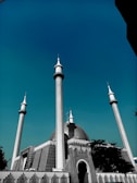 A large mosque with a prominent dome and several tall minarets under a clear blue sky. The architecture features intricate patterns and a blend of traditional and modern elements. Trees partially frame the structure, adding contrast to the urban setting.