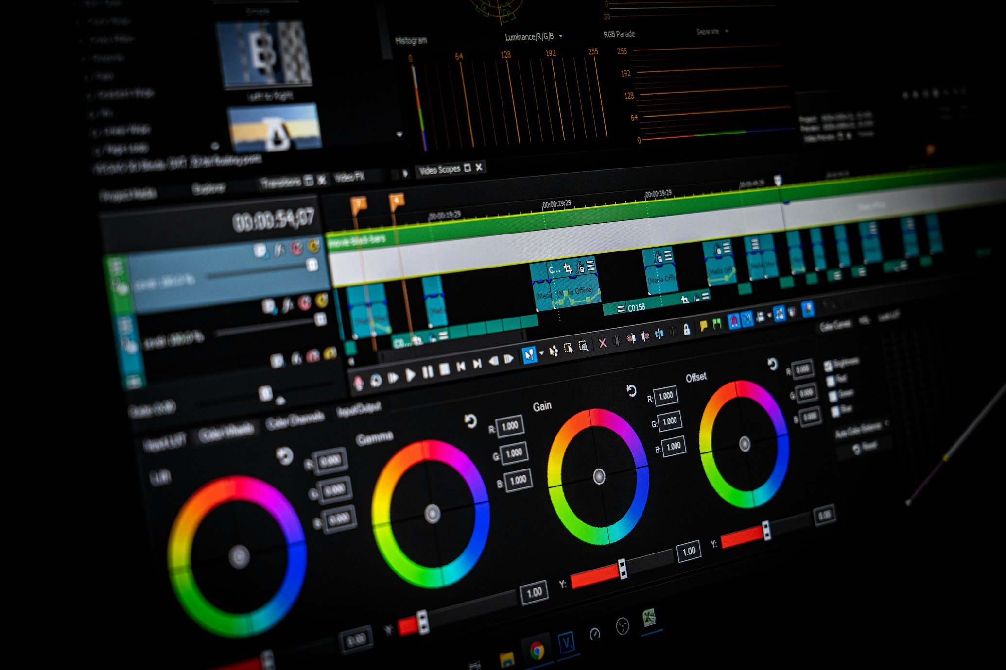 Film editing software with different color settings in view.