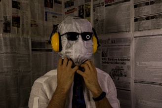 A person is covered entirely with newspaper sheets, including their head. They are wearing black sunglasses and yellow ear protectors. The background is also covered with newspaper sheets, creating a surreal and mysterious atmosphere.