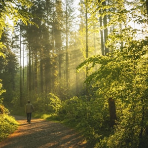 person in black jacket walking on pathway between green trees during daytime