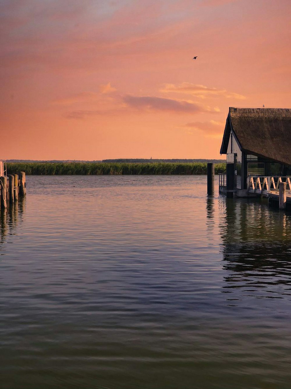 Casa de madera marrón en el agua durante la puesta del sol