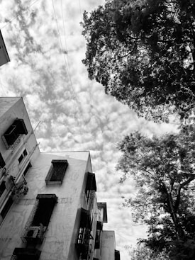 A black and white photograph shows a dynamic urban scene featuring tall buildings on the left with barred windows. In the foreground, large trees with dense foliage frame the scene. Overhead, a web of electricity wires cuts across a sky filled with textured clouds, adding to the visual complexity.