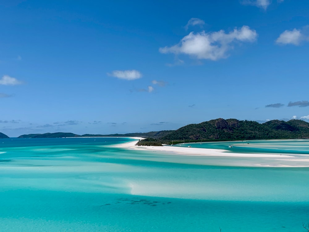 mar azul perto de árvores verdes sob o céu azul durante o dia