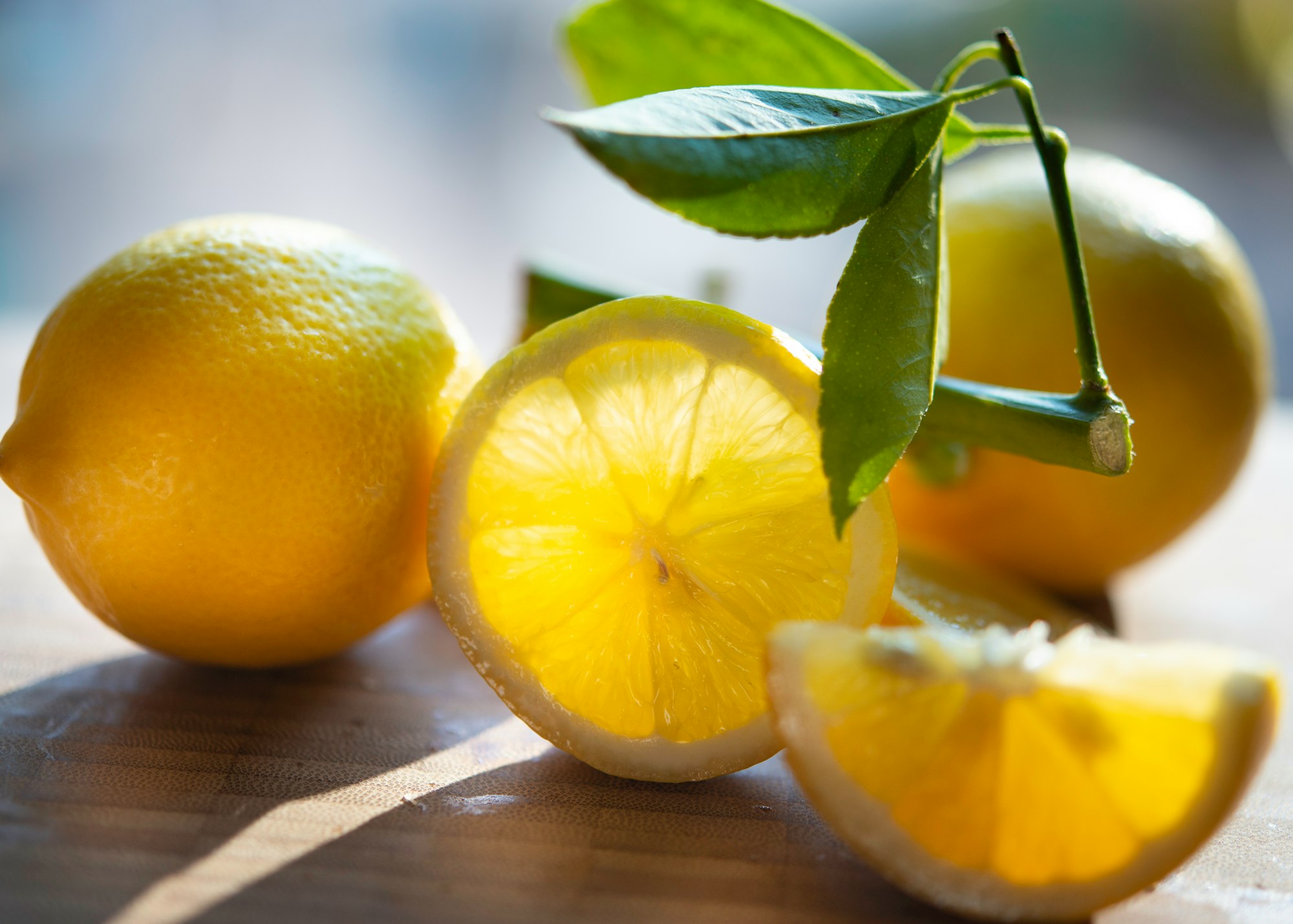 Garden fresh picked lemons in glowing light. Still life.