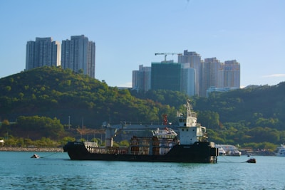A large cargo ship is anchored in a body of water near a green hillside. Tall residential buildings rise up behind the hill, with a clear blue sky overhead. There are smaller boats docked in the background, creating a contrast between the natural landscape and urban development.