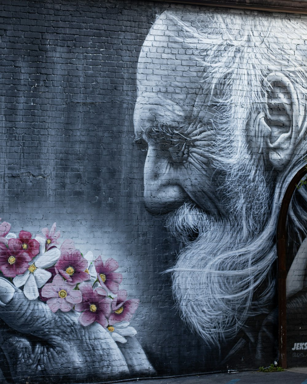 womans face with white hair and pink flowers