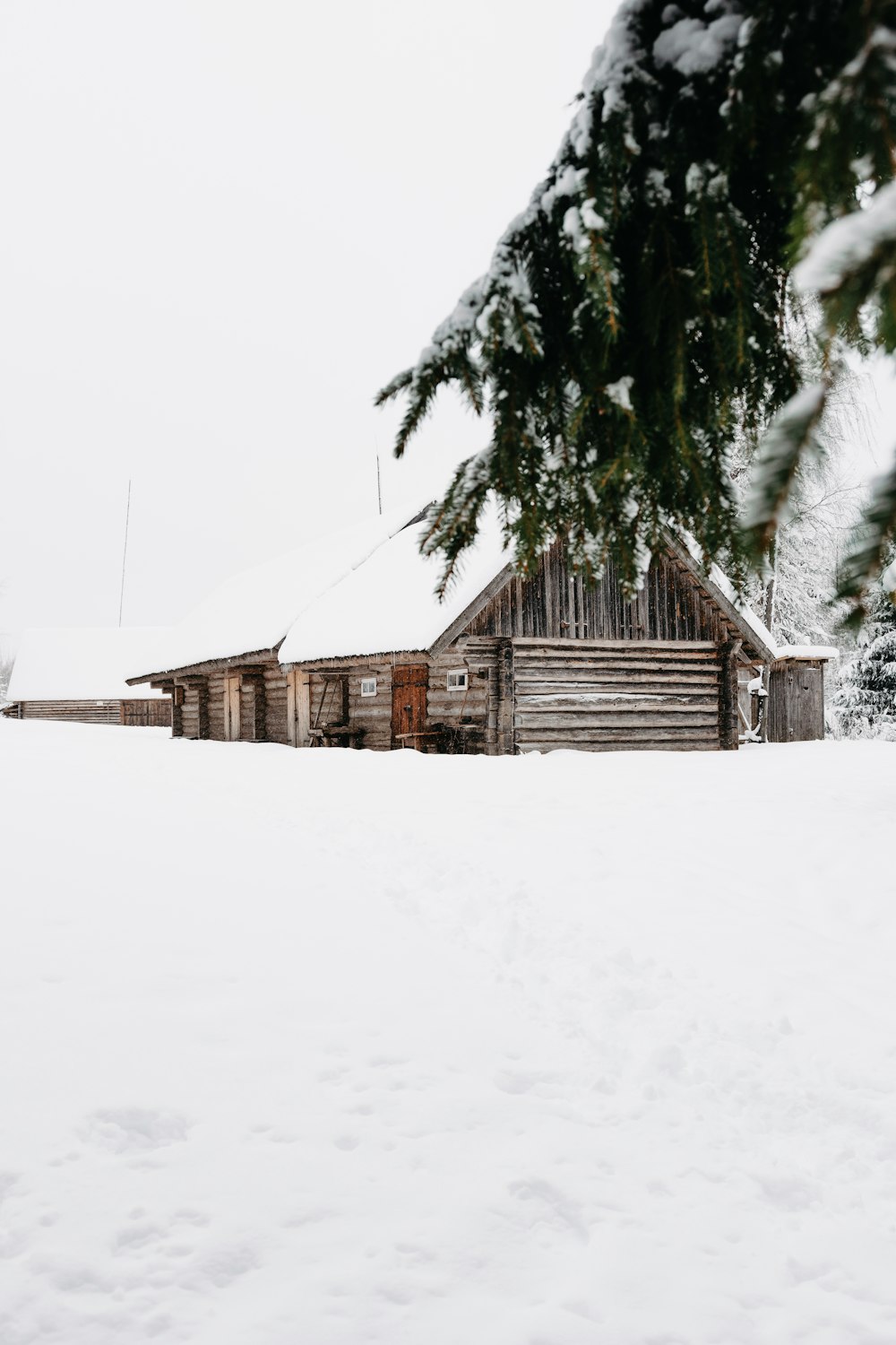 brown wooden house covered with snow during daytime