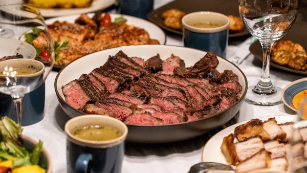 Sliced ribeye steak on a white ceramic plate