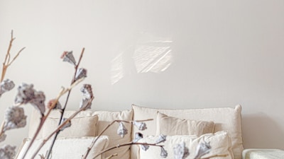 A minimalist interior featuring a beige couch adorned with several matching pillows. In the foreground, there are delicate dried branches with small blossoms, adding a natural element to the scene. The setting conveys a calm and serene atmosphere with soft lighting.