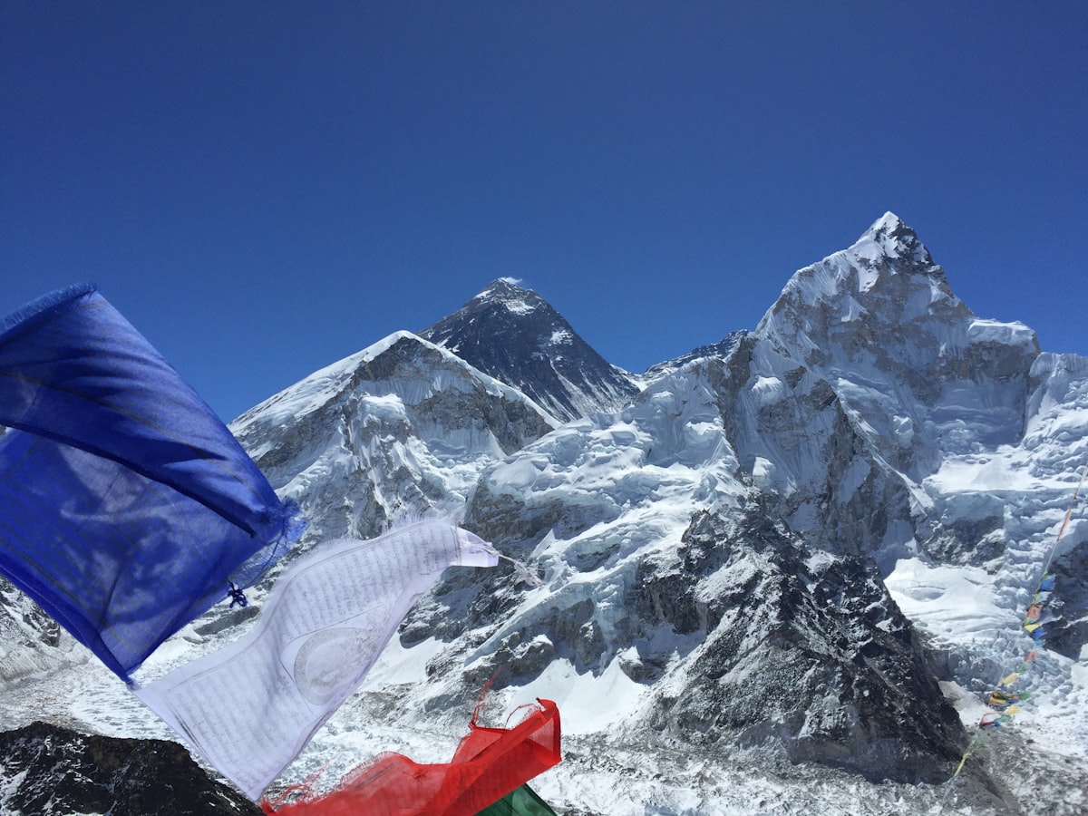 Everest Base Camp with colorful tents on the Khumbu Glacier