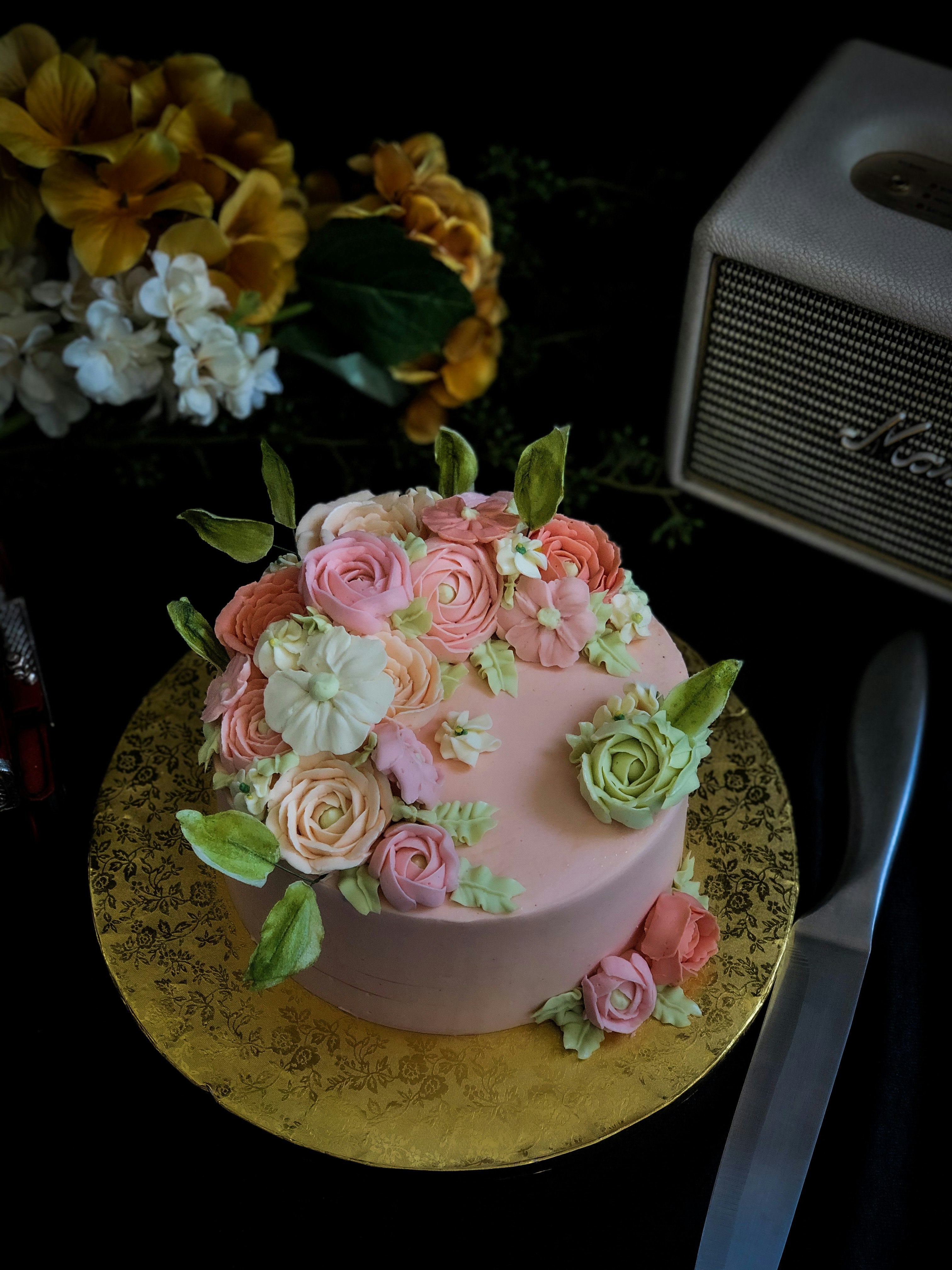 pink and green floral cake