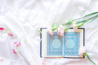 blue and green book on white textile