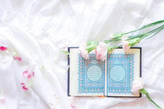 blue and green book on white textile