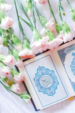 pink and white roses on blue and white floral box