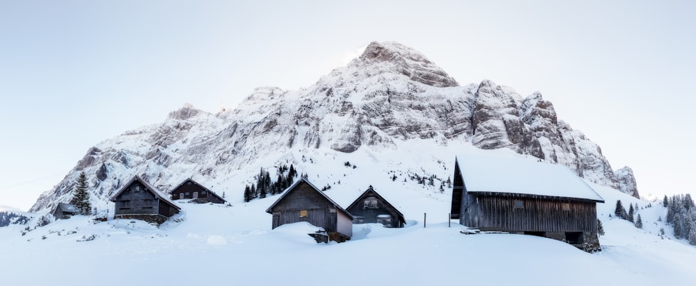 Casa di legno marrone su terreno innevato vicino alla montagna coperta di neve durante il giorno