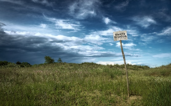 A weathered sign stands on a lush grassy field under a dramatic sky filled with dark, looming clouds. The sign reads 'Divieto di Caccia Oasi di Protezione', indicating a protected area. The horizon shows some scattered trees, and the atmosphere suggests an approaching storm.