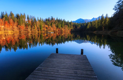 A serene lakeside view with a wooden dock stretching into calm waters framed by autumn leaves.