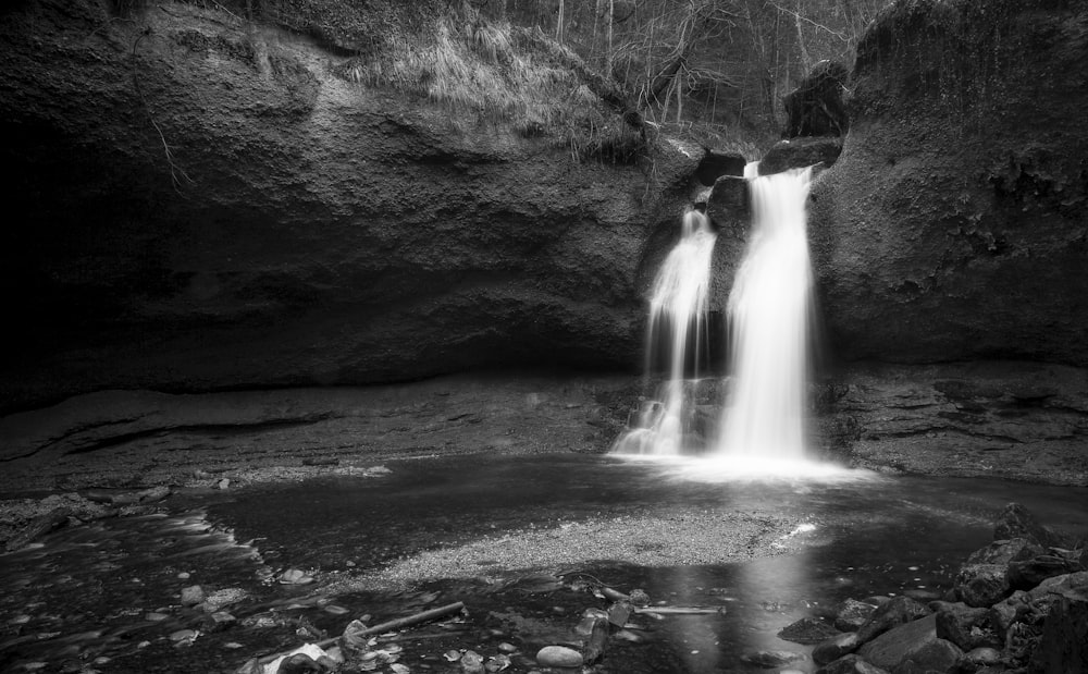 grayscale photo of water falls