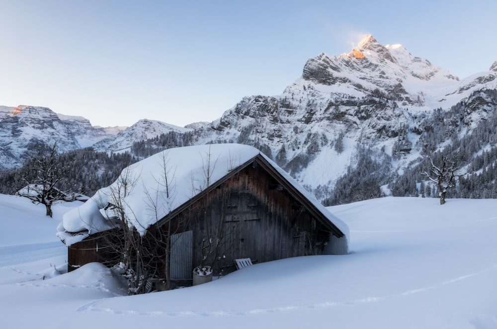 brown wooden house on snow covered ground during daytime