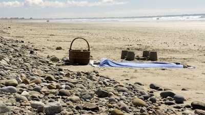 Close-up of a sand-resistant picnic mat laid on a sandy beach with flip-flops and a picnic basket.