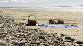 Close-up of a sand-resistant picnic mat laid on a sandy beach with flip-flops and a picnic basket.