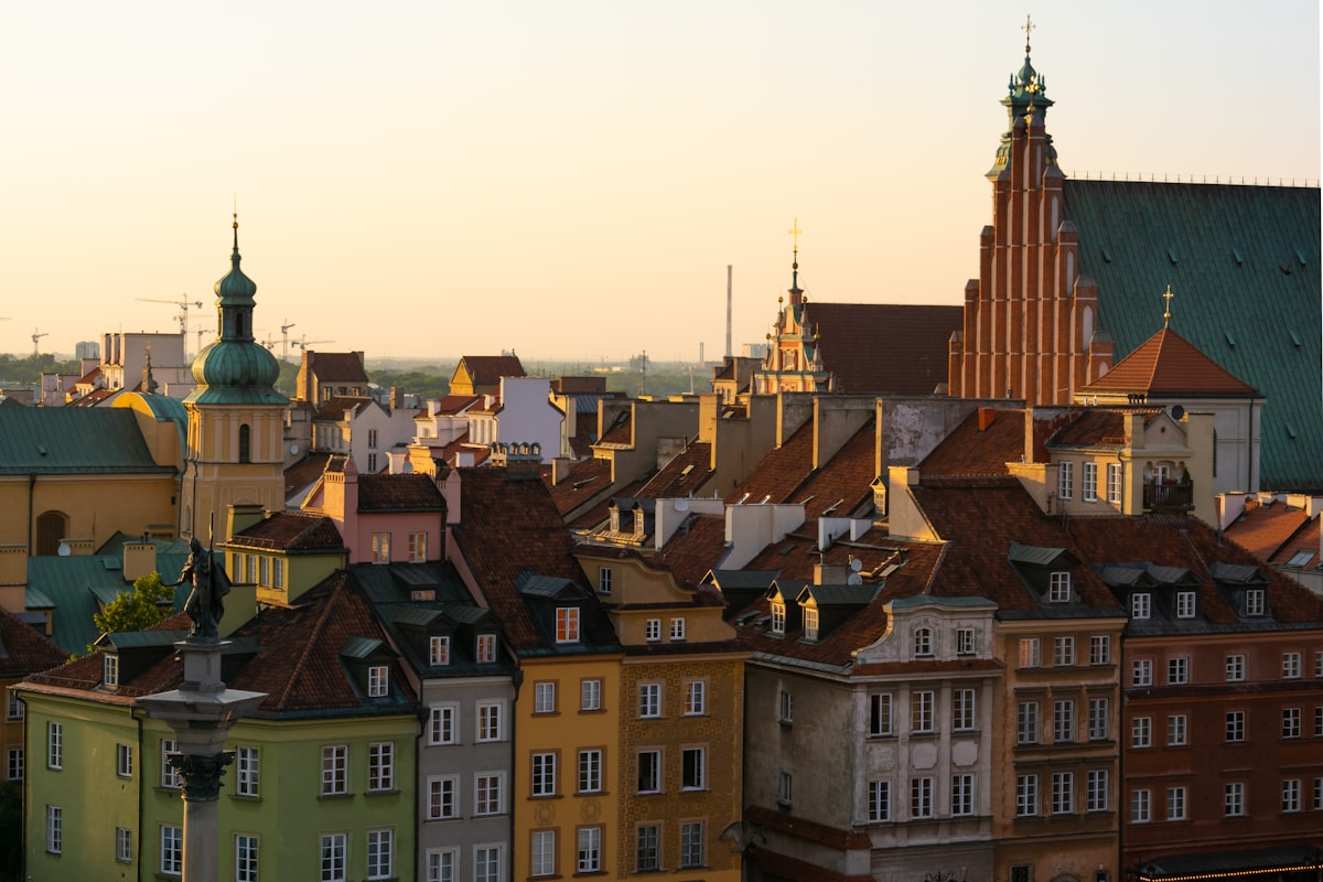Warsaw Old Town buildings with colourful historic facades in autumn light