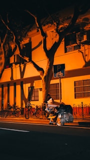 A person sits on a city street at night, surrounded by bags and belongings. Bicycles are parked in the background, and the scene is illuminated by an orange streetlight casting deep shadows on a building. Trees with bare branches extend over the scene, adding to the atmosphere.